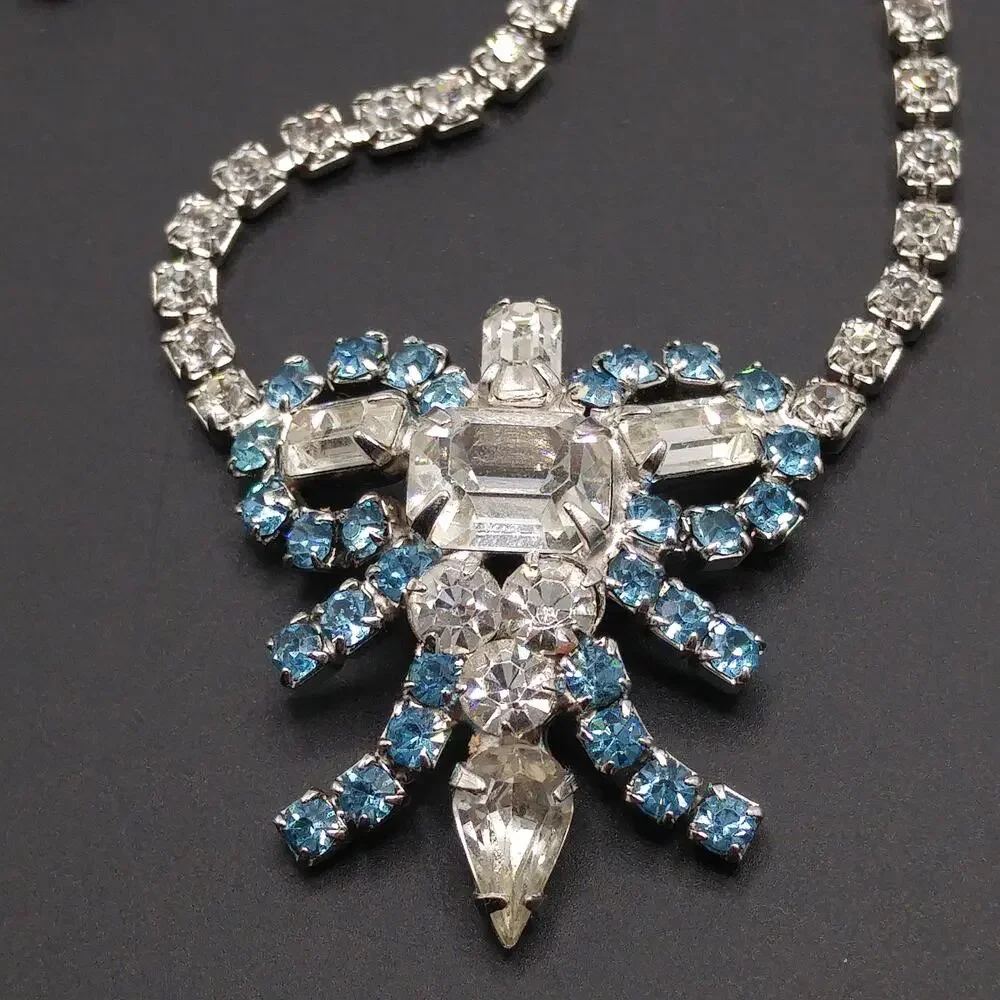 Mid-Century Turquoise Blue Clear Rhinestone Choker Necklace, Rhodium Plated